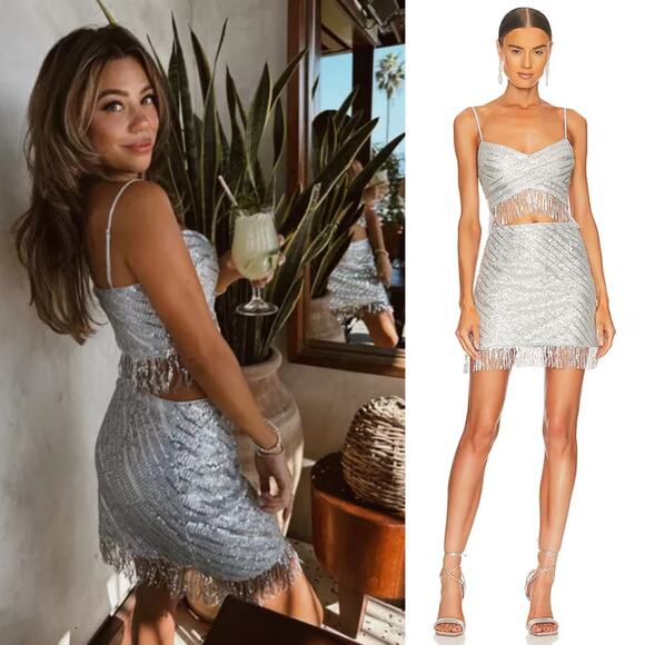 SAYLOR | Persephone Top & Mini Skirt Set in Platinum Silver Sequin Disco S - Picture 2 of 16